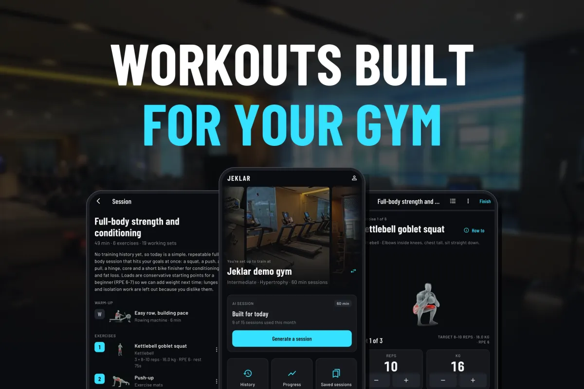 Jeklar on five phones: progress, session plan, home, set entry and exercise how-to